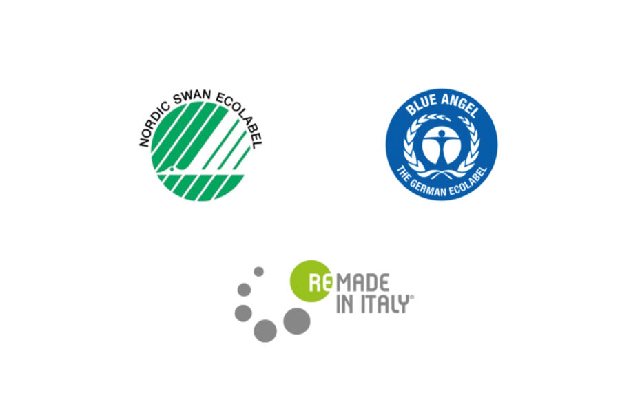 Certificaciones blue angel, remade in italy y Nordic Swan Ecolabel.