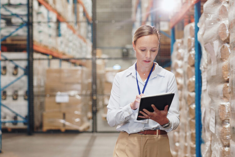 Storage, warehouse and check with tablet and business woman with quality assurance and inventory checklist. Distribution, freight supplier and order document with planning and export inspection