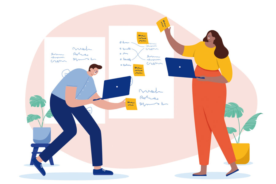 Two businesspeople working on project planning together using creative tools, yellow notes and laptop computers. Flat design vector illustration