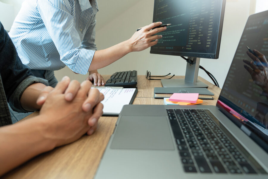 Team of programmers working together development Website design and coding technologies in a software develop company office, Coworkers Team concept